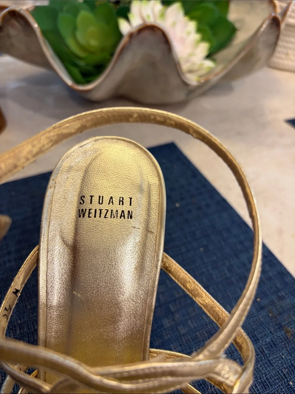 Stuart Weitzman Metallic Gold Multi-Strap stiletto Sandals with ankle wrap